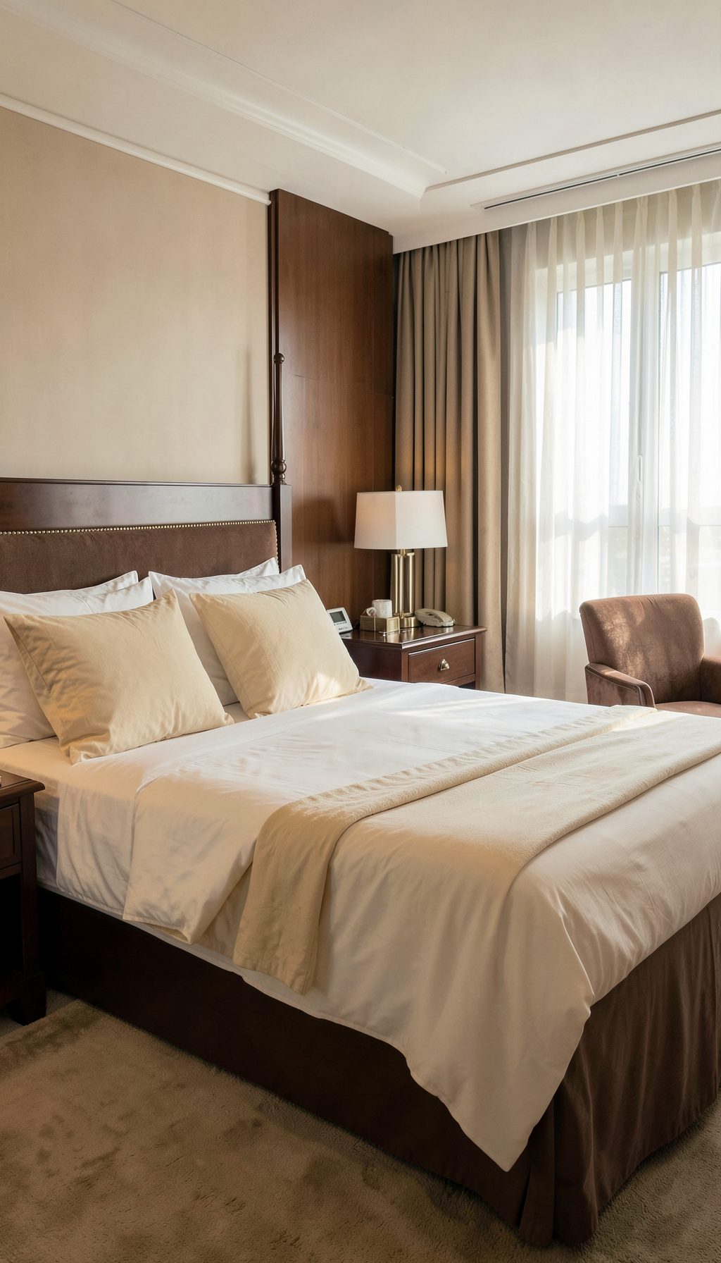 Elegant hotel room interior with warm cream linens, dark wood furniture, and soft natural light through sheer curtains