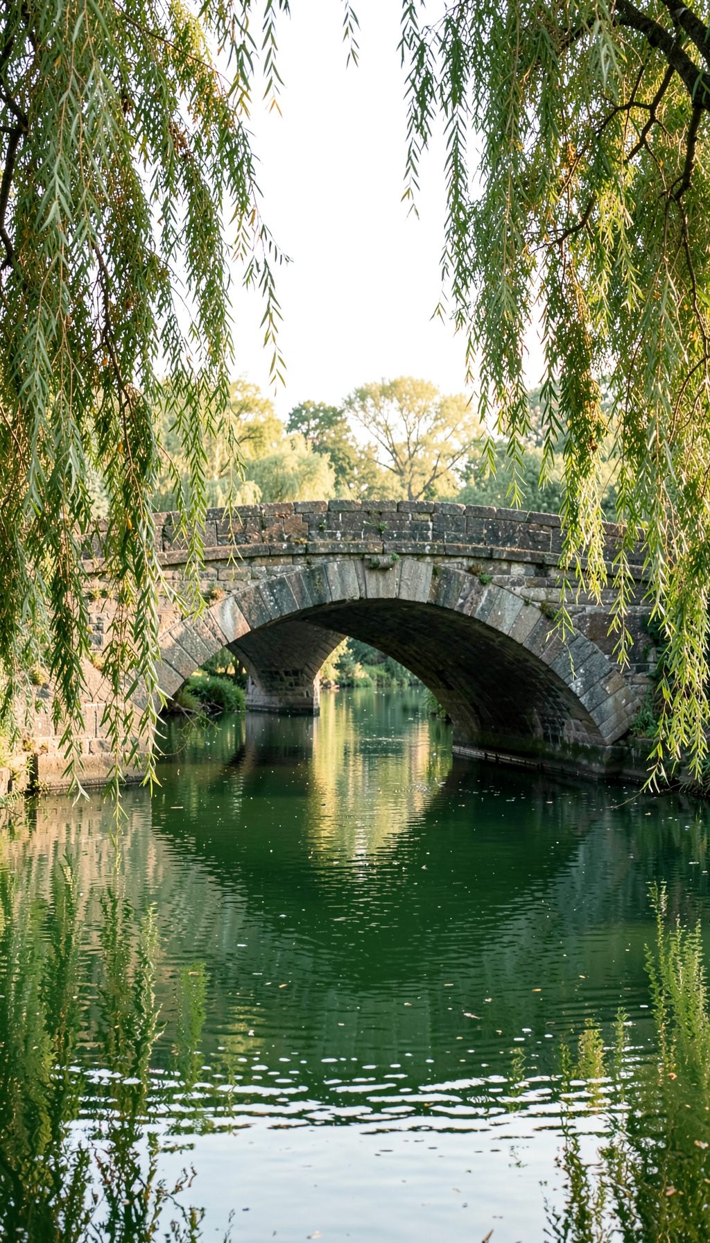Stone bridge arching over still green water framed by weeping willow branches in soft morning light