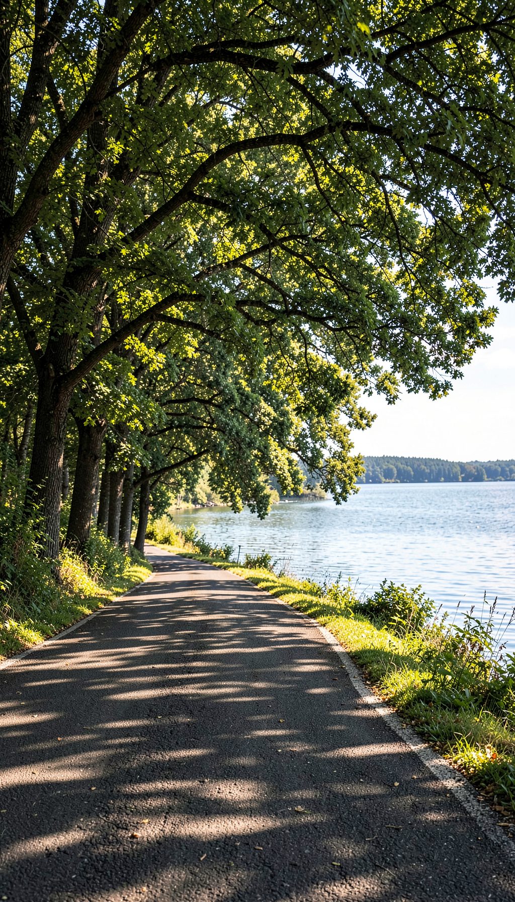 Tree-lined road curving gently along the lakeshore with dappled sunlight filtering through the canopy